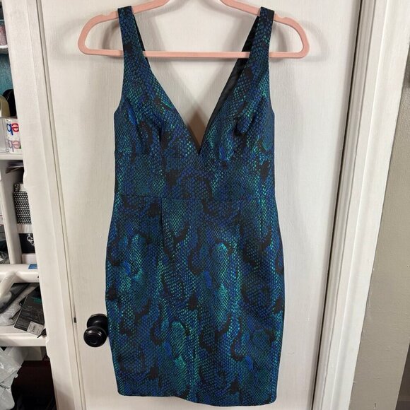 Jay Godfrey sleeveless, knee-length dress with V-neckline blue/black snake print - Picture 1 of 7
